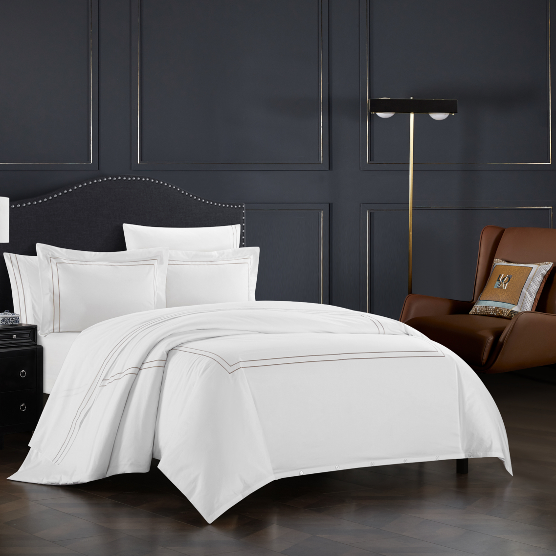 Alfrey 3 Piece Organic Cotton Duvet Cover Set Solid White With Dual Stripe Embroidered Border Hotel Collection Bedding