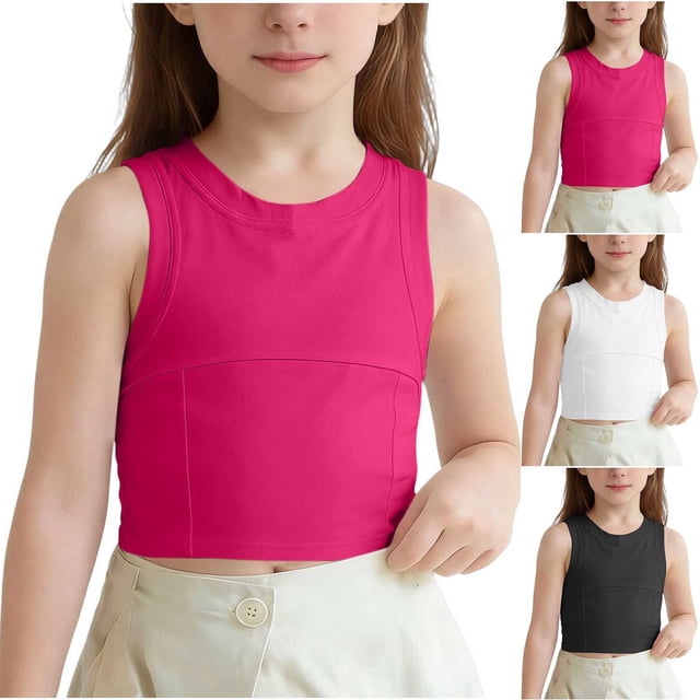 Crop Tops para Niñas, Camisetas sin Mangas de Cuello Redondo para Niña Casuales Ligeras de Color Sólido sin Mangas Cortas de Verano Rosadas 7-8 Años