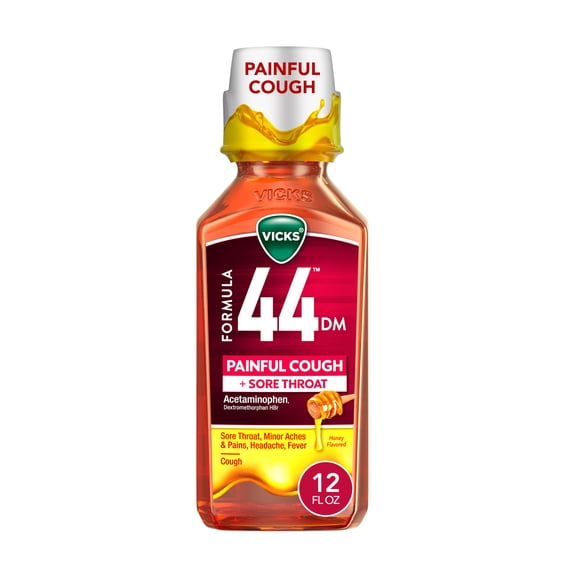Vicks Formula 44 DM Painful Cough & Sore Throat Liquid, Honey Flavored, 12 fl oz