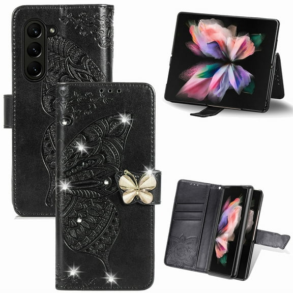 Compatible with Galaxy Z Fold 5 Wallet Case, [Kickstand Feature][Wrist Strap][Card Slots][3D Bling Rhinestone Emboss Butterfly] Leather Magnetic Flip Case for Samsung Galaxy Z Fold 5, Black