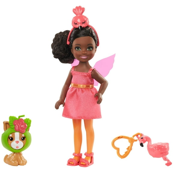 Barbie Club Chelsea Dress-Up Doll In Flamingo Costume, 6-inch Brunette with Pet Kitten And Accessories Doll Playset
