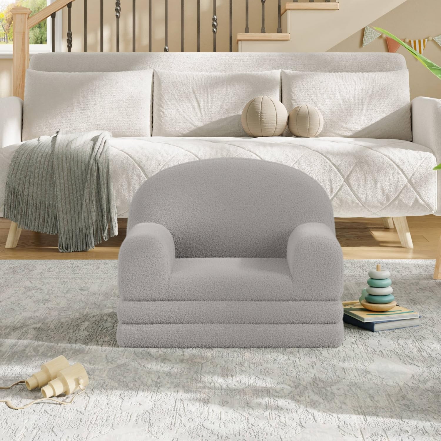 Luku Kids Convertible Sofa Chair – Soft Fold Out Toddler Couch Lounger, Washable Teddy Fleece, Comfy Kids Sofa Bed for Playroom or Nursery