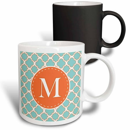 

3dRose Letter M Monogram Orange and Blue Quatrefoil Pattern Magic Transforming Mug 11oz