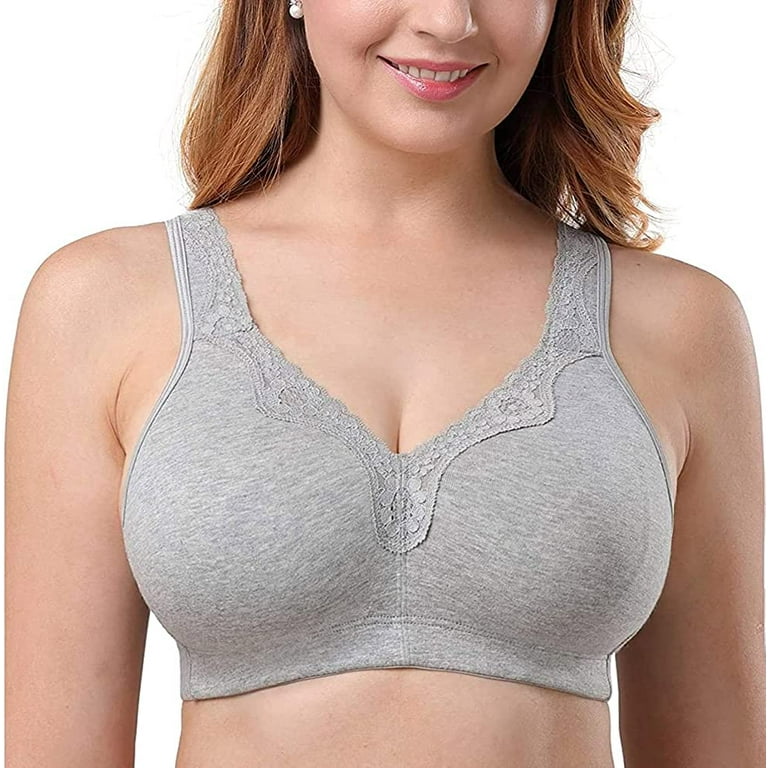 TELIMUSSTO Women's Plus Size Soft Cotton Lace Bra Full Coverage Wirefree Non -Padded 48G Gray 