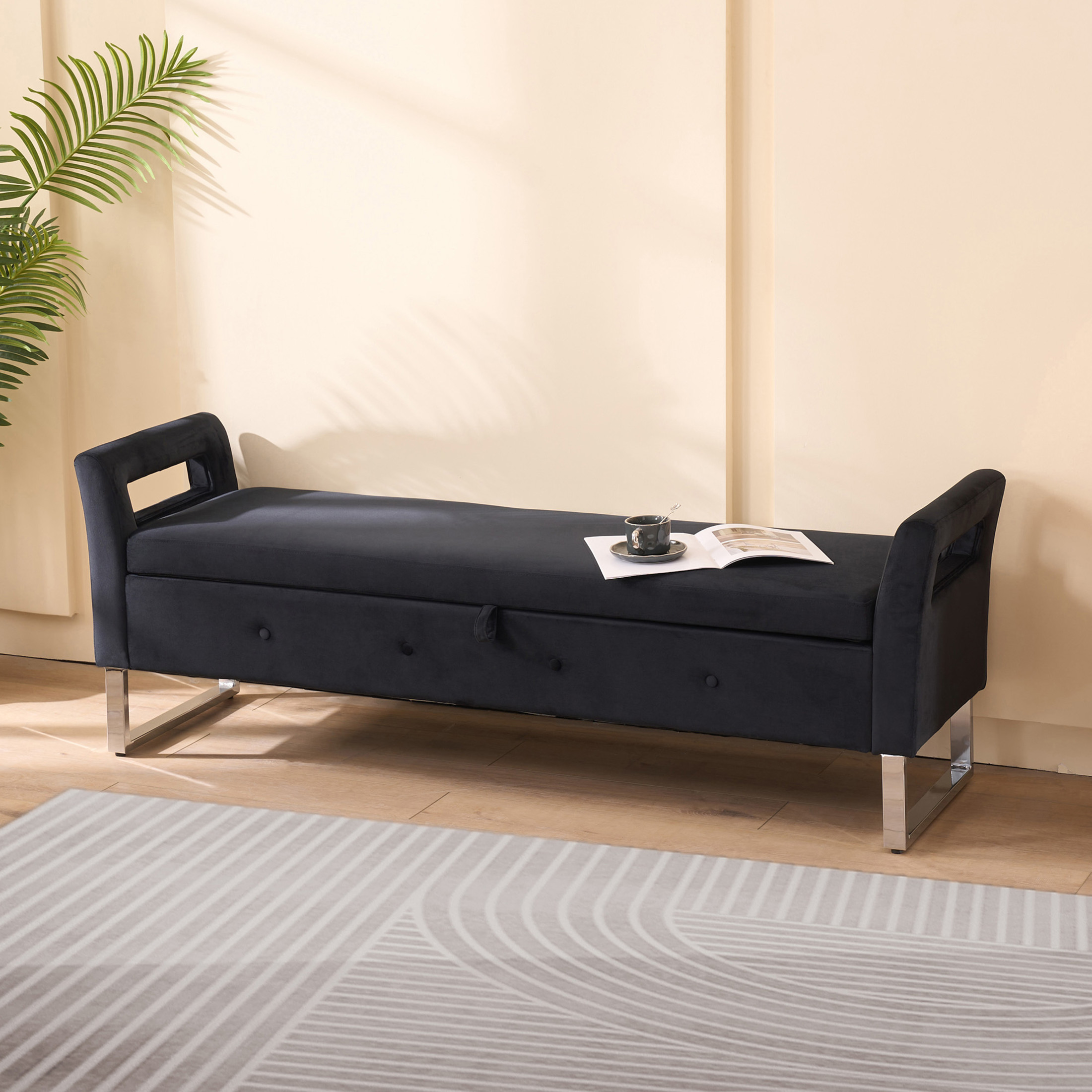 Noble House Solen 68" Velvet Storage Bench, Upholstered Entryway Bed-End Seat with Hidden Compartment, Black