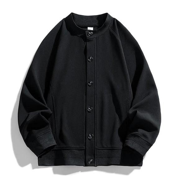 Donemore Men's Solid Waffle Knit Cardigan Jacket with Pockets Stand Collar Button Down Long Sleeve Hoodless Casual Outwear