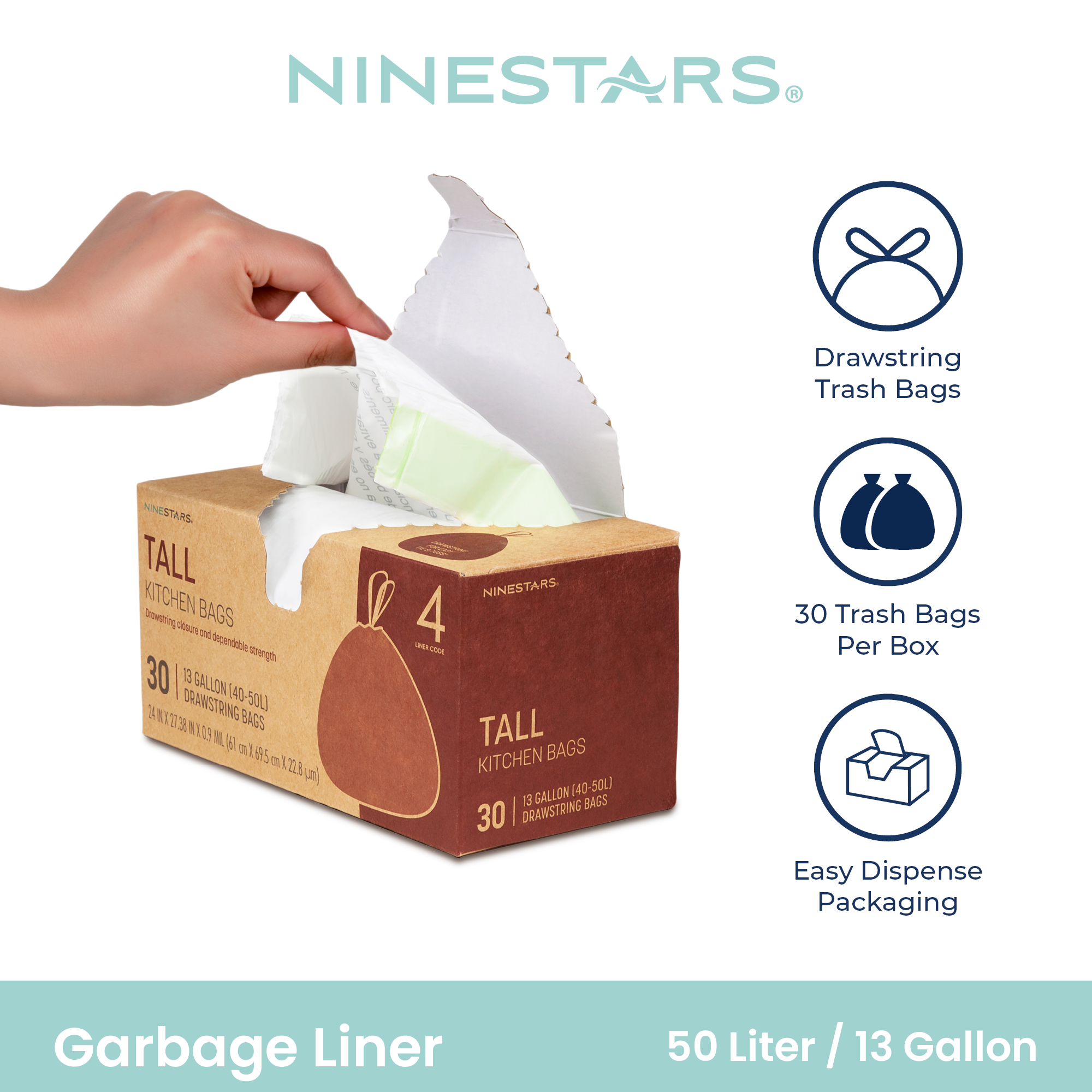 Nine Stars 13-Gallon Heavy-Duty Drawstring Trash Bags, 30 Count photo 2