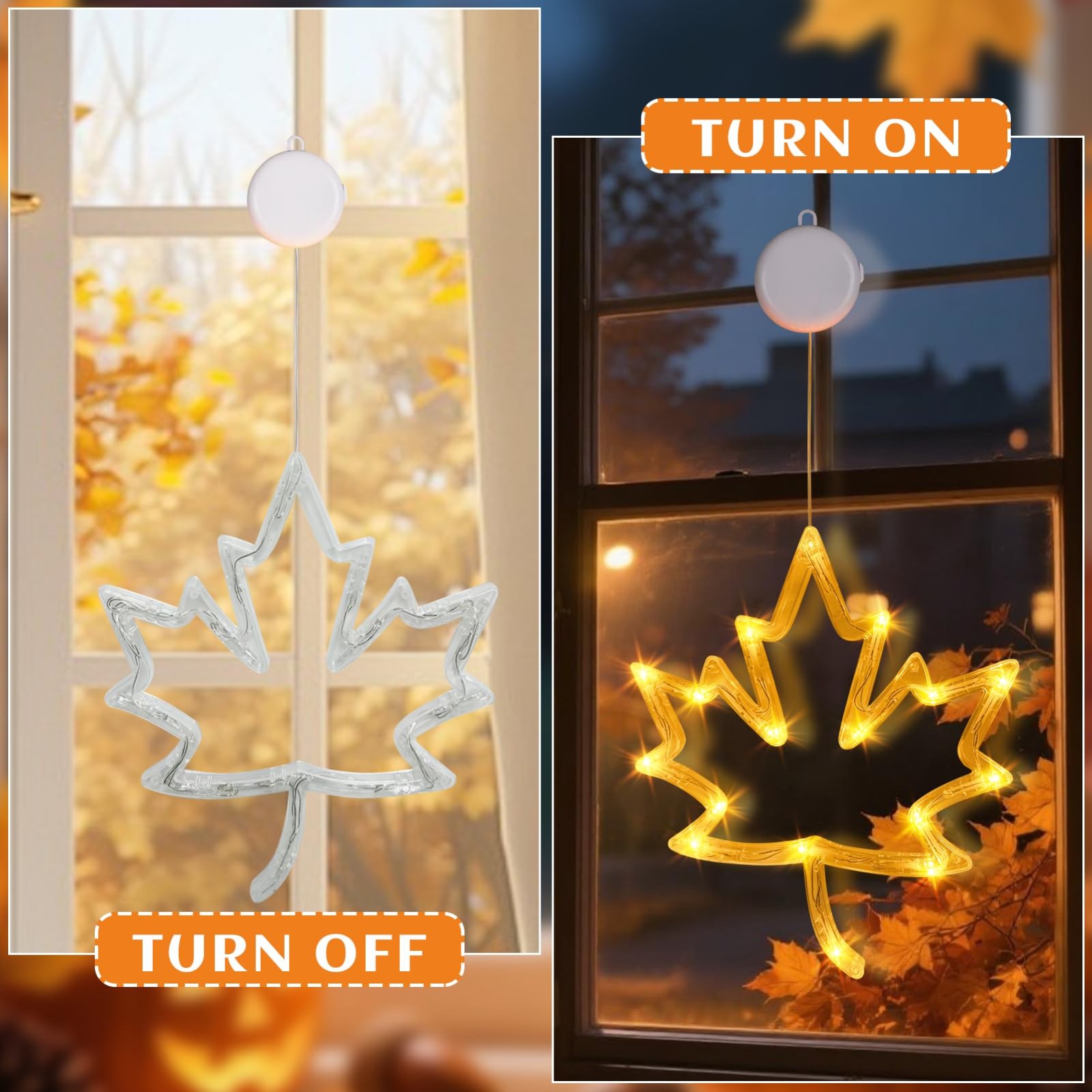 Lumière Décorative D'automne Avec Ventouse - Forme Feuille D'érable Ou Citrouille, LED, étanche IP55, Piles AAA