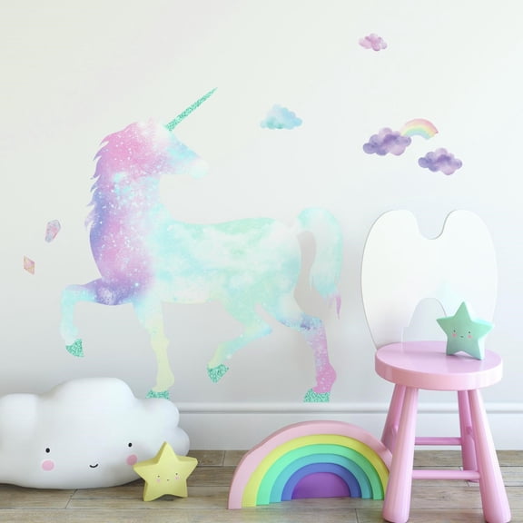 Watercolor GALAXY UNICORN Wall MURAL decaLs Rainbow & Clouds Stickers with Glitter
