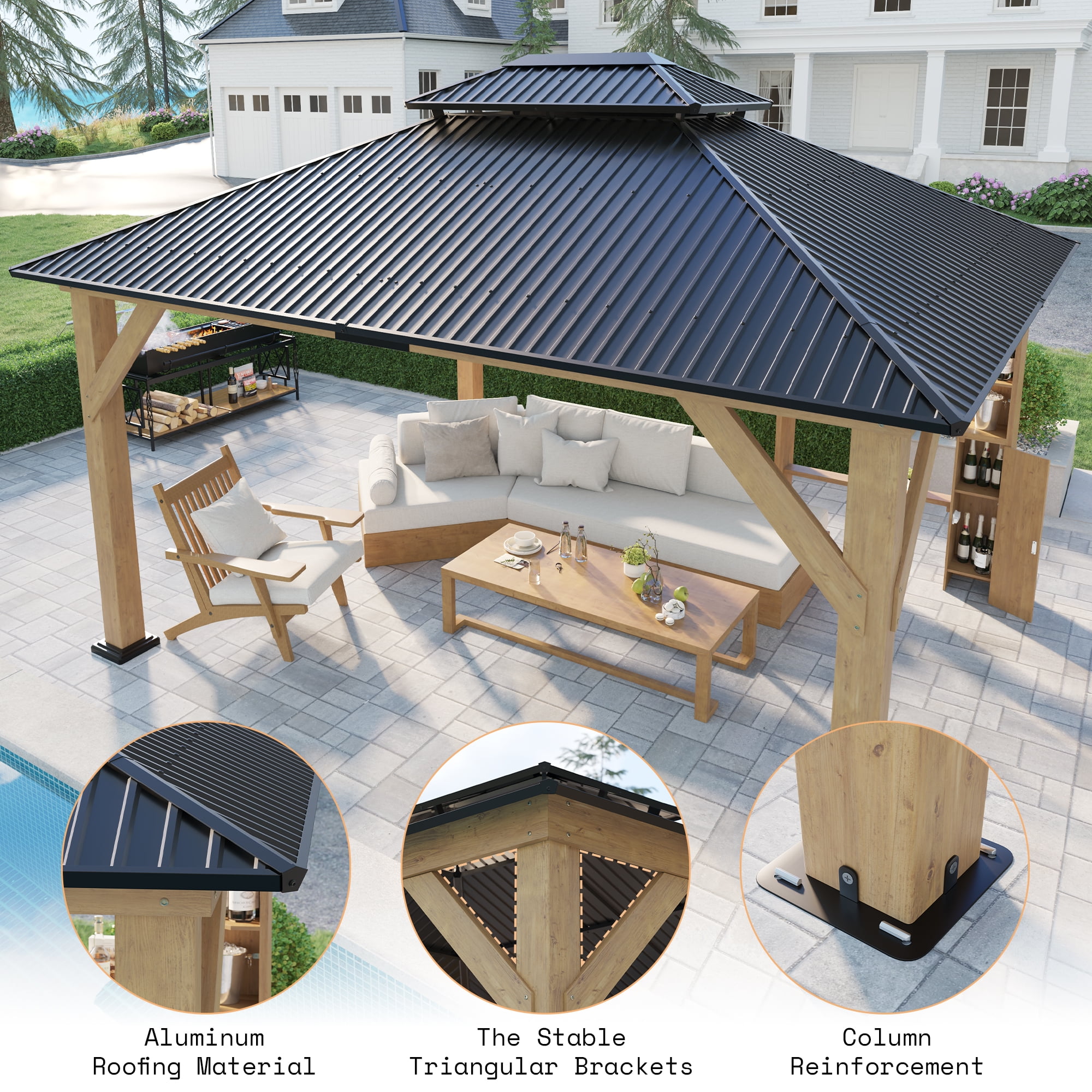 Merluxy Wood Gazebo 13'x15', Wind & Rain Resistant Design, Grill Gazebo for Garden, Backyard