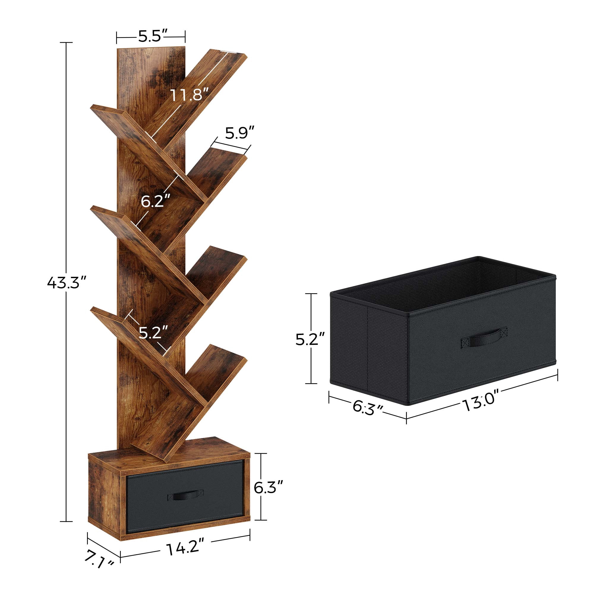 Greenstell 7-Tier Wooden Bookcase with Drawer, Free Standing Tree Bookshelf, Rustic Brown