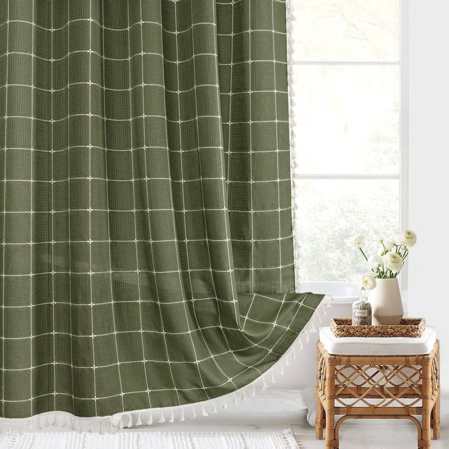 Zrodlmo Boho Farmhouse Shower Curtain with Hooks Rustic Cottagecore Fabric Bathroom Curtain with Tassels, 72" x 72", Green