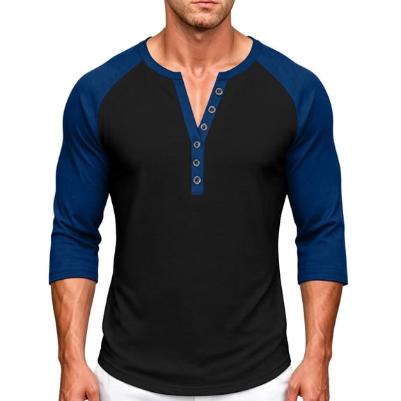 LODIENY Plus Size (S-5XL) Casual Slim Fit T-Shirts for Men Henley Button Down Shirt Raglan 3/4 Sleeve Color Block Jersey Baseball Tops Blue M