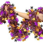 52.5 Ft Halloween Tinsel Garland Decorations, Pumpkin Spider Bat Shiny Metallic Twist Garland, Black Orange Purple Spooky Golf Cart Hanging Garlands for Halloween Party Home Mantle Tree Decor