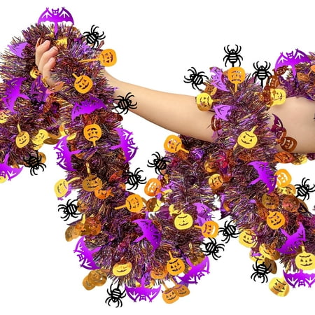 52.5 Ft Halloween Tinsel Garland Decorations, Pumpkin Spider Bat Shiny Metallic Twist Garland, Black Orange Purple Spooky Golf Cart Hanging Garlands for Halloween Party Home Mantle Tree Decor