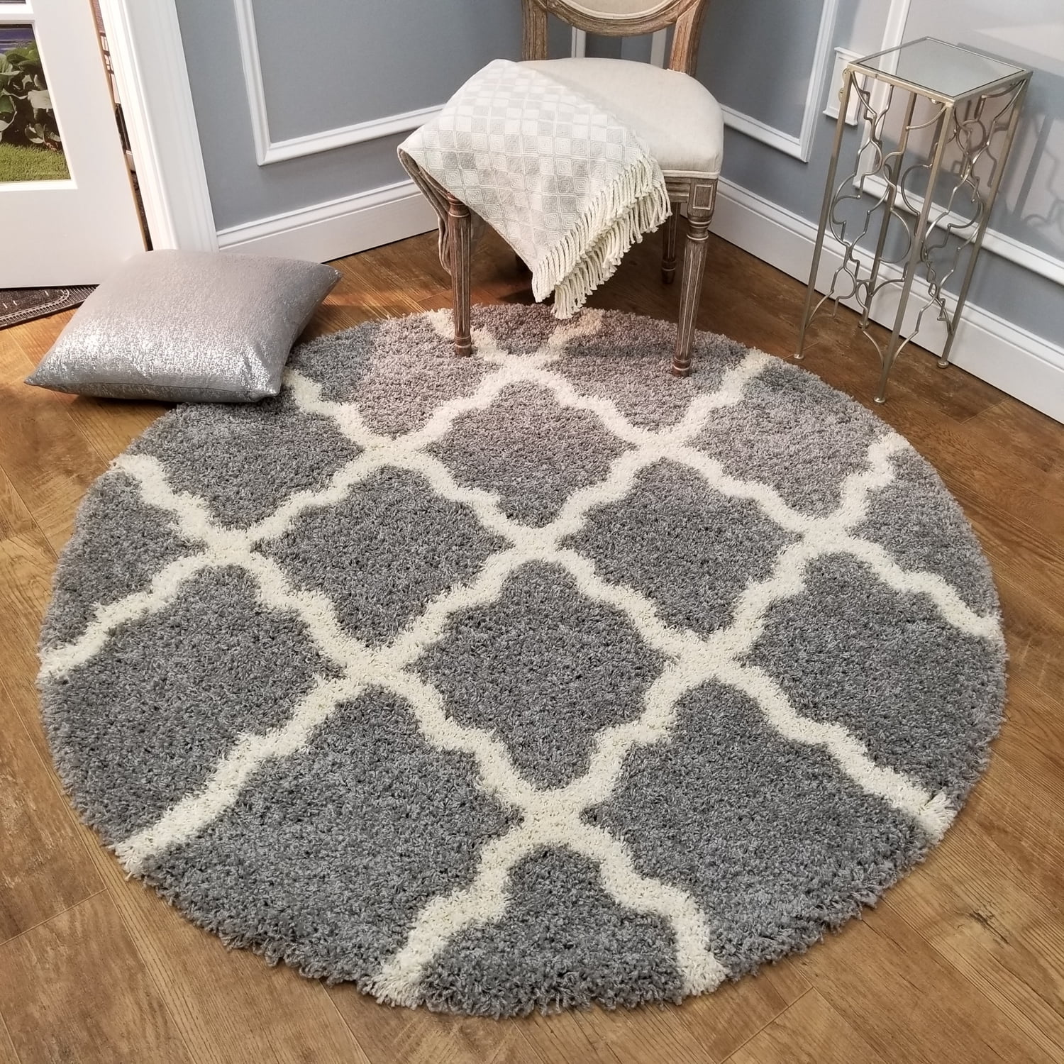 Maxy Home Bella Trellis Grey 5 Ft Round Shag Area Rug Walmart Com Walmart Com