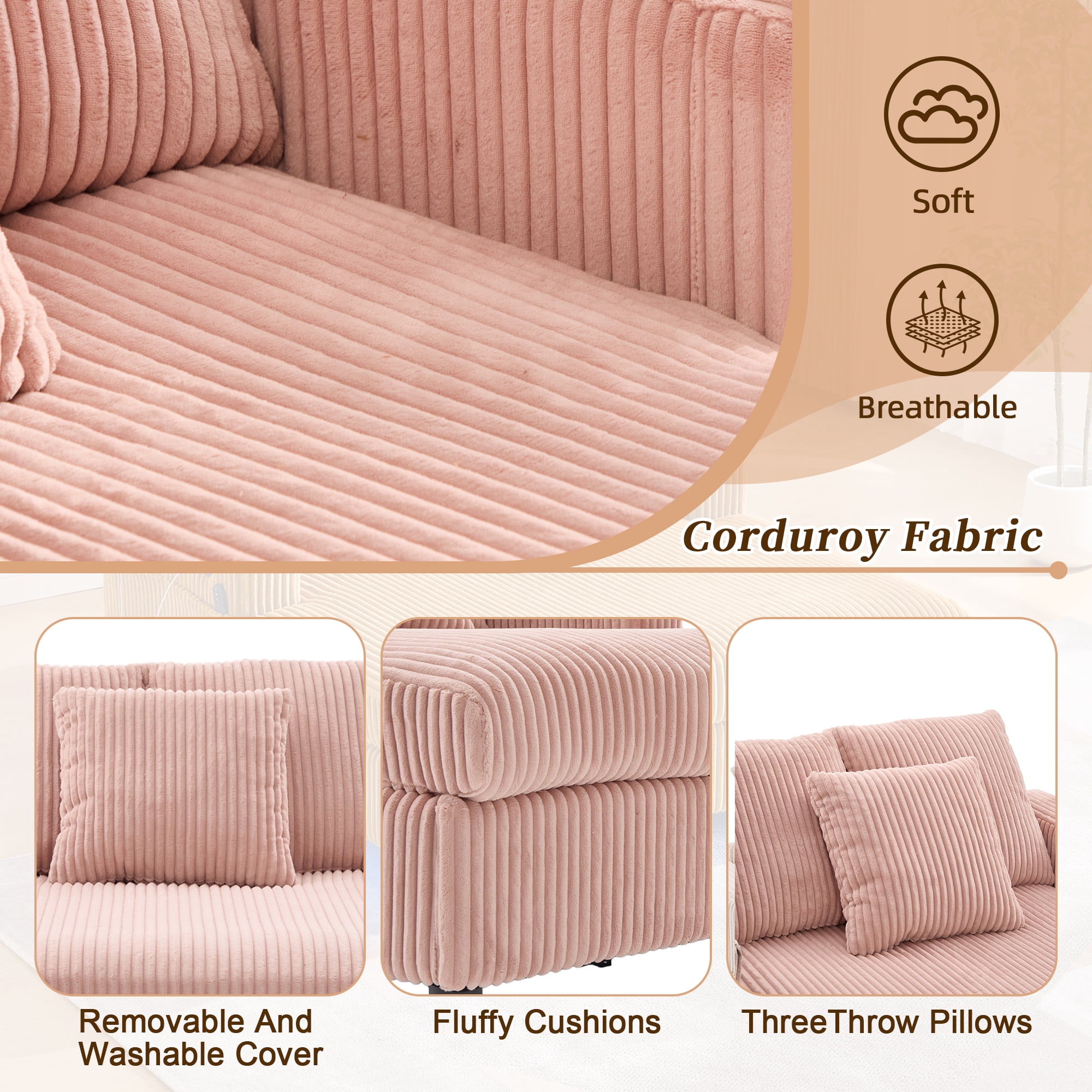 MOONMISS Corduroy Upholstered Oversized RGB LED Light Recliner Sofa Bed with Cup Holder,USB&3 Pillows-Pink