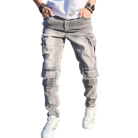 Reppunk Men's Vintage Washed Grey Frayed Multi-Pocket Cargo Skinny Jeans, Raw Edge Distressed Utility Slim Denim Pants, Y2K Streetwear Daily Commute Trousers