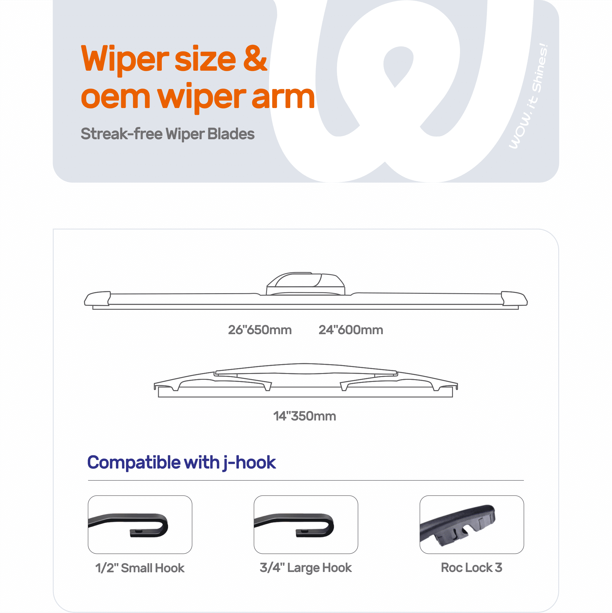 WOWIPER 26"+24"+14" Premium Silicone Wiper Blades 3-Pack – Water Repellent Beam Fit J-Hook – OEM All-Season with Rear Wiper for Honda Pilot 2016-2022