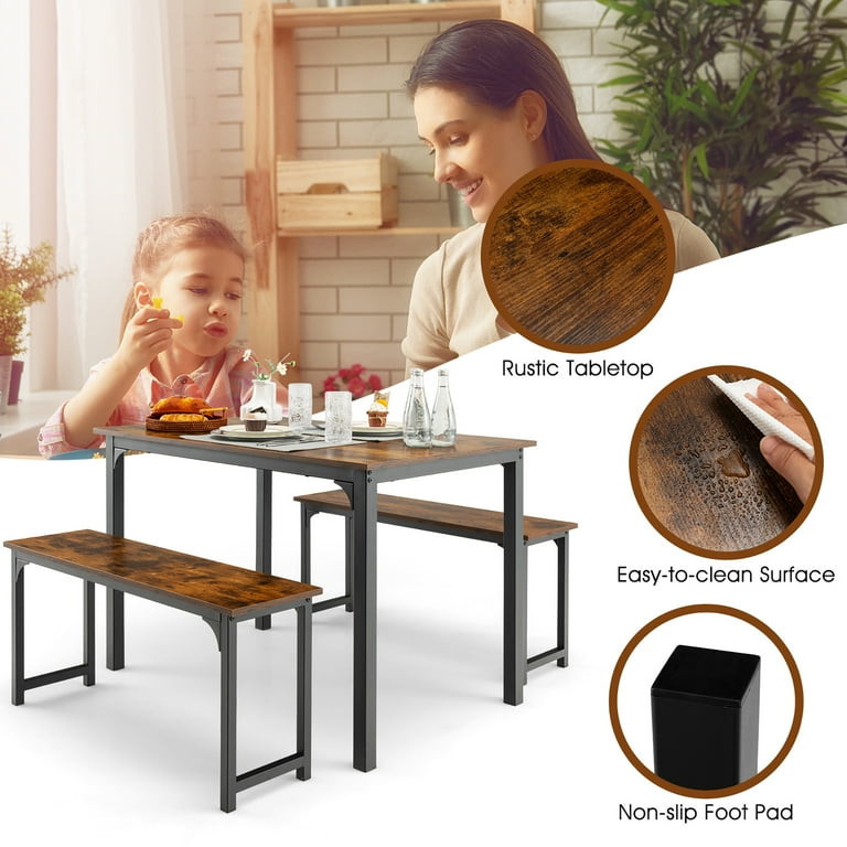 Costway 3pcs Dining Table Set Modern Studio Collection Table and 2 Bench Coffee