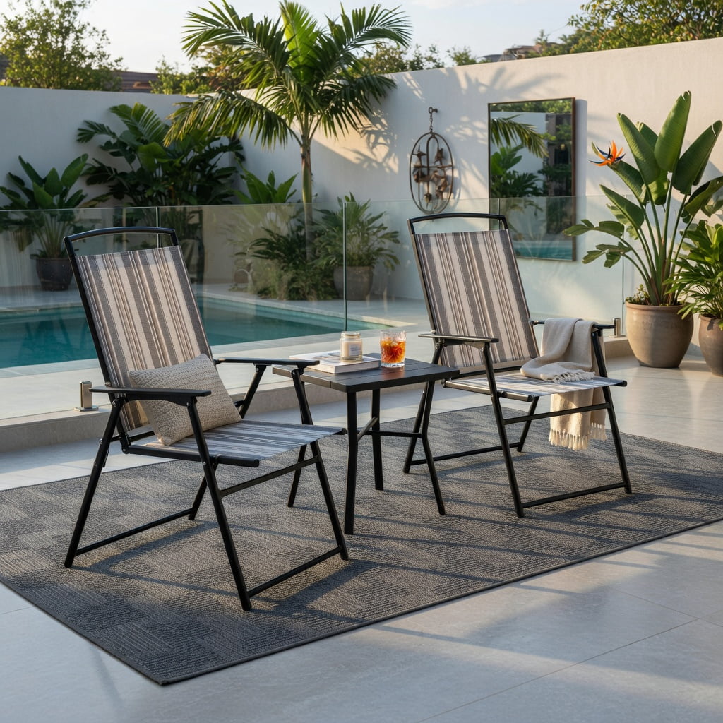 Hommoo 2-Pack Folding Patio Sling Chairs, Space-Saving Outdoor Dining Chairs, No Assembly Required, Gray