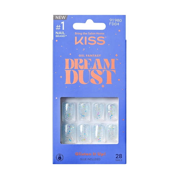 KISS gel fantasy dreamdust, press-on nails, champagnes, blue, short squoval, 28 count