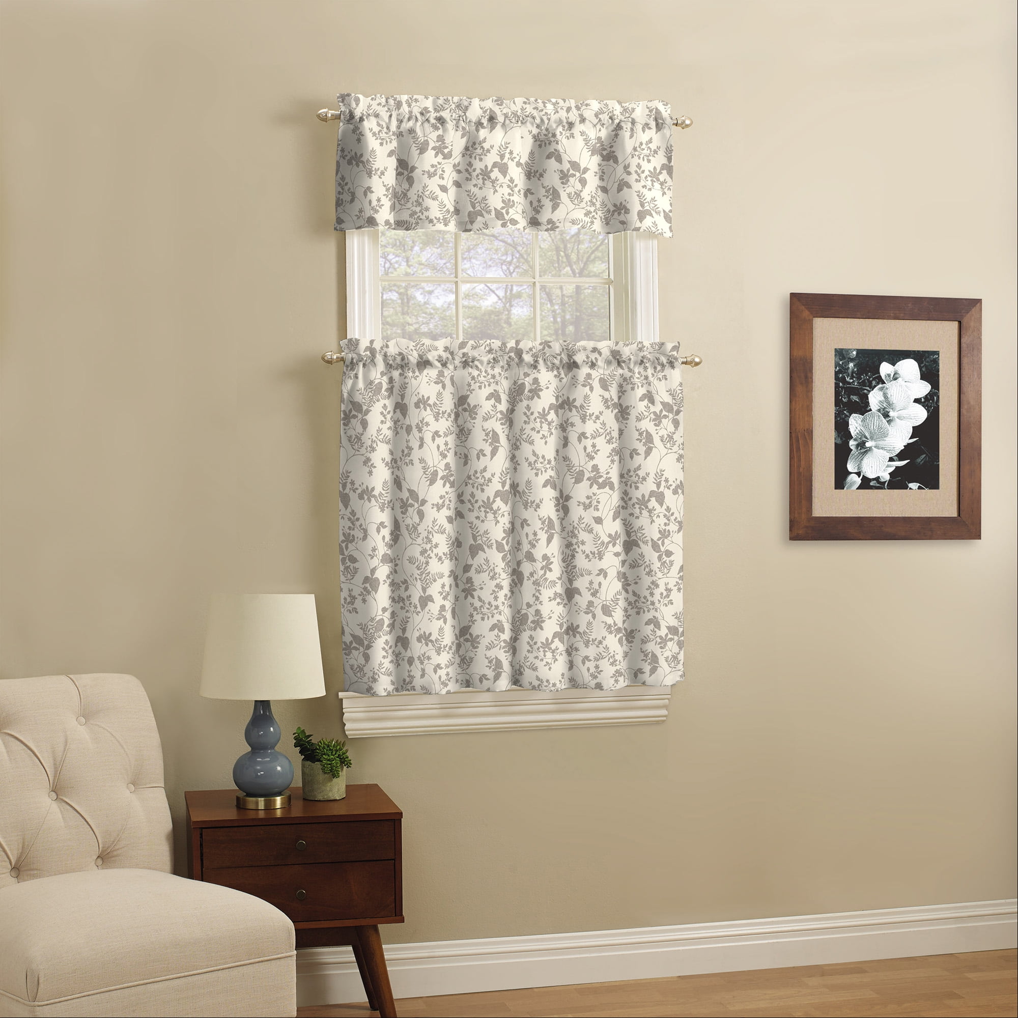 Mainstays Leaf Print Light Filtering Rod Pocket Kitchen Curtain Tier and Valance, 3 Piece Set, Gray, 56 x 36