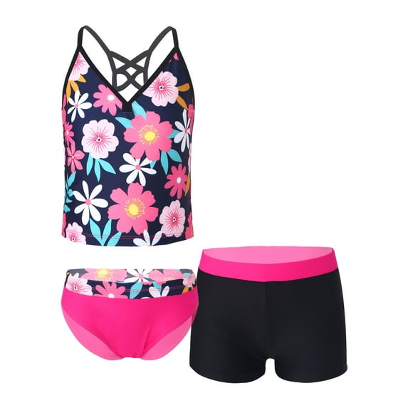 renvena Kids Girls Swimsuit Leotard Tops and Brief with Shorts Set Swimwear Red Floral 12