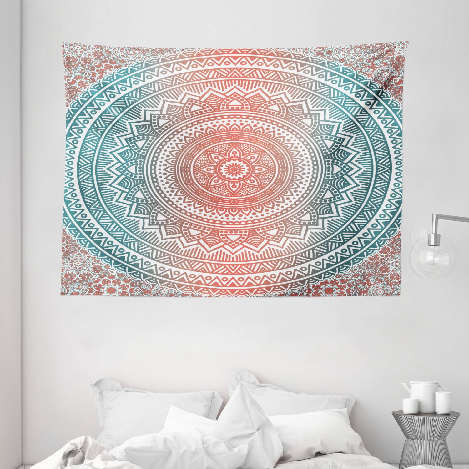 Teal And Coral Tapestry Ombre Mandala Art Antique Gypsy Stylized Folk Pattern Mystical Cosmos Image Wall Hanging For Bedroom Living Room Dorm Decor 80w X 60l Inches Teal Coral By Ambesonne