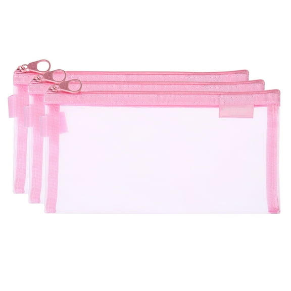 Uxcell Mesh Cosmetic Bags, A6 Pencil Case Nylon Makeup Zipper Mesh Bag, Pink 3 Pack