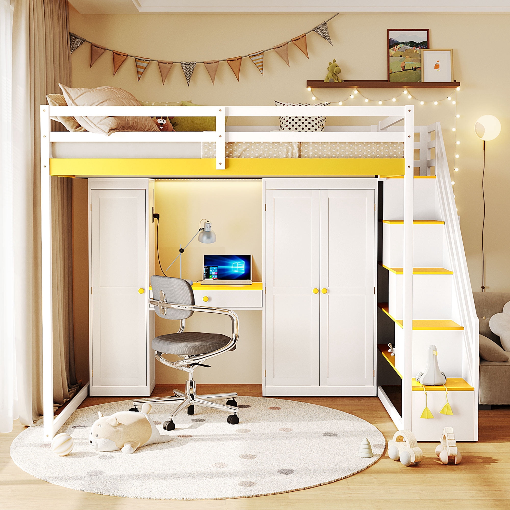 Mintazer Full Size Princess Loft Bed Built-in Dressing Table with Vanity Mirror, Wardrobe, Storage Staircase, Drawer, LED Lights & Charging Station for Girls, White & Yellow
