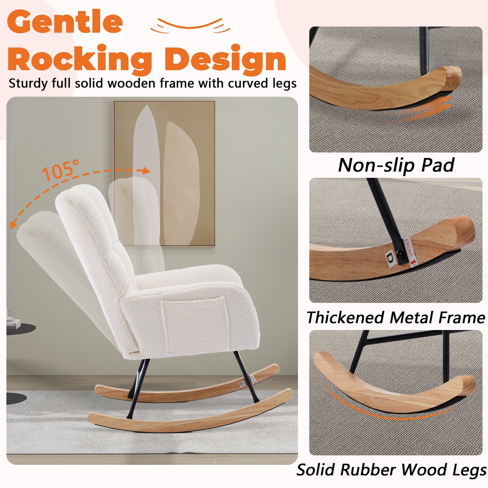 SENCHO GINSYTALIOR Nursery Rocking Chair Teddy Upholstered Glider Rocker,Rocking Accent Chair Padded Seat with High Backrest ,Solid Wood Legs for Nursery Bedroom Living Room