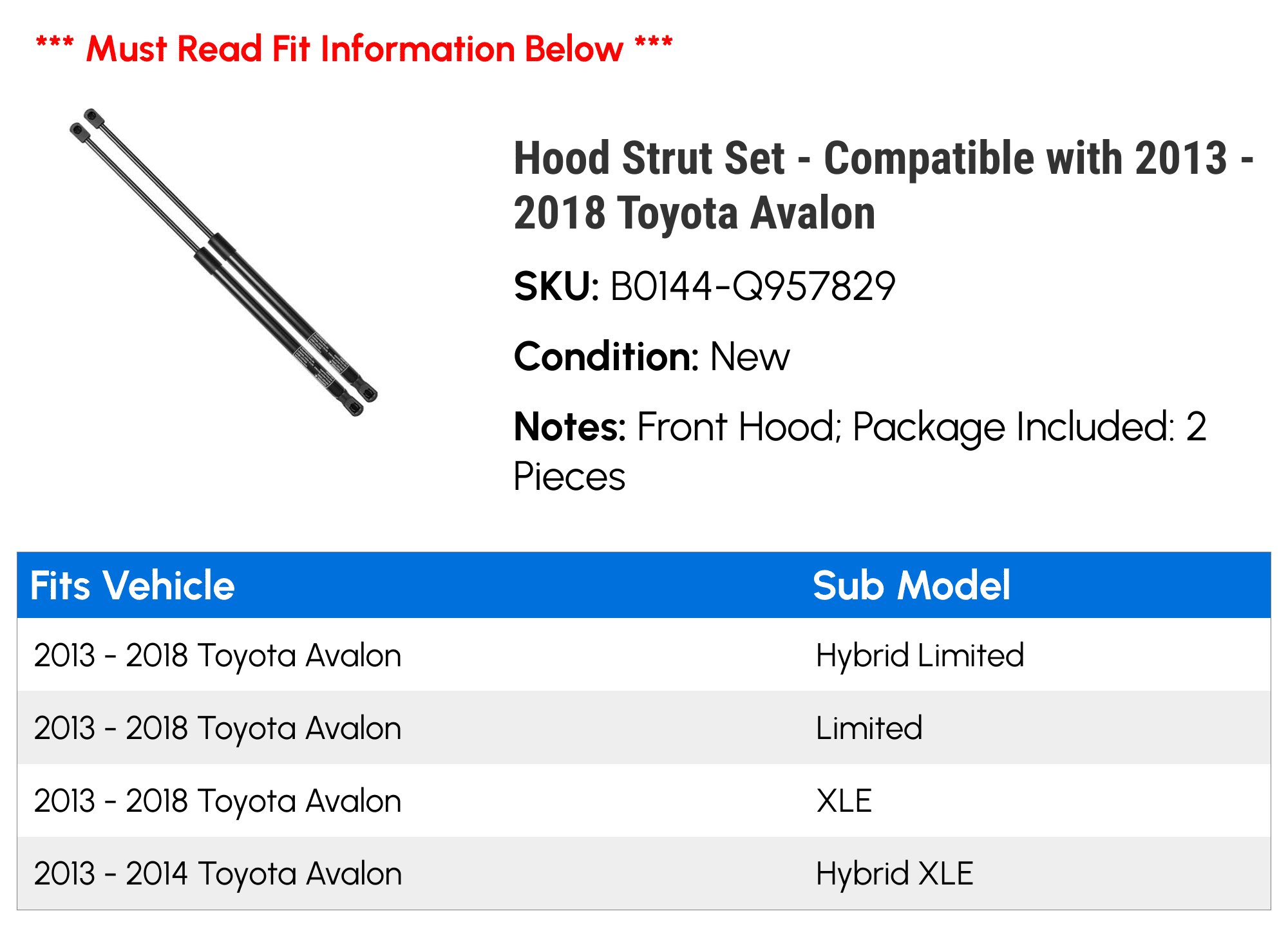 Hood Strut Set - Compatible with 2013 - 2018 Toyota Avalon - Autopart Premium