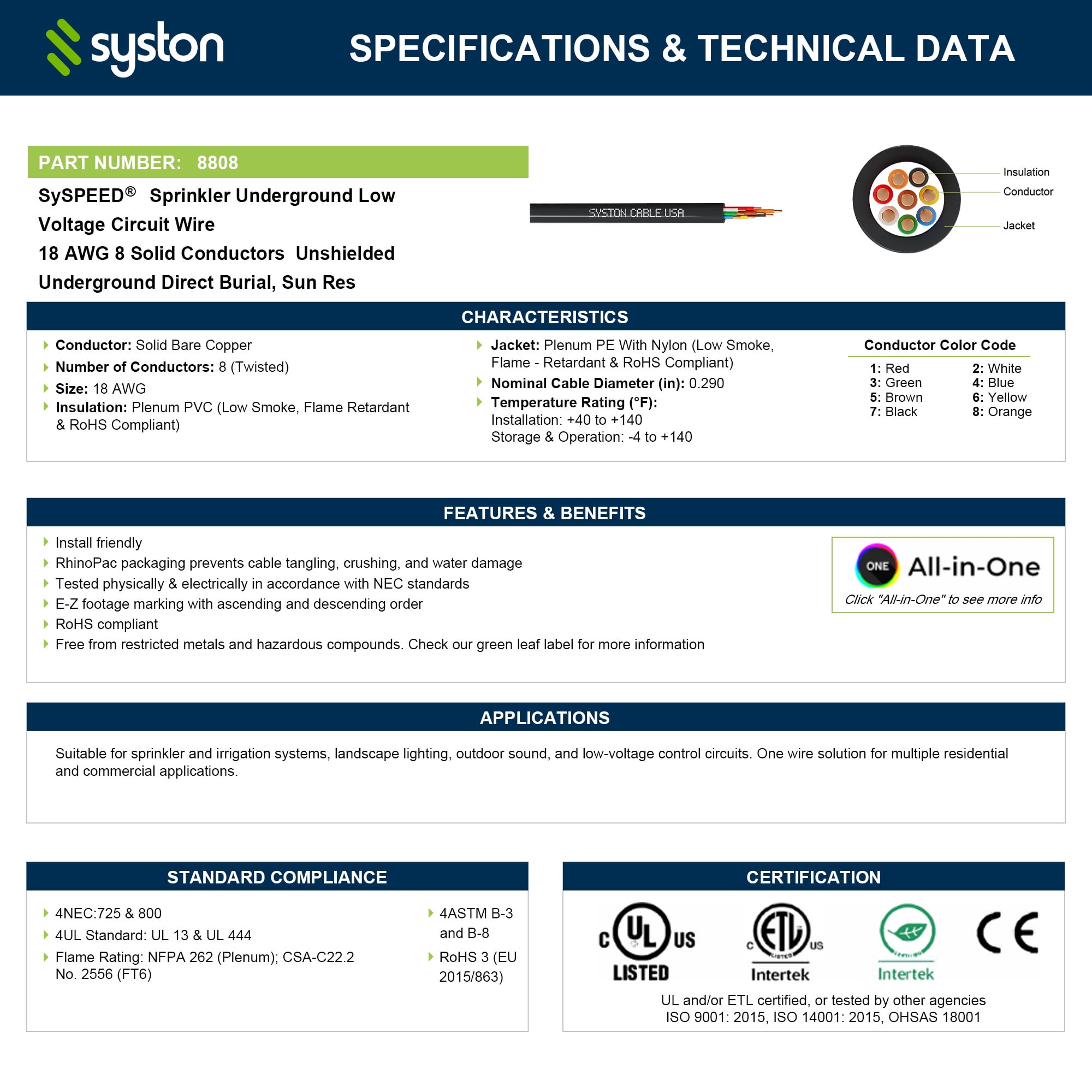 SYSTON 18/8 Solid Copper Sprinkler Wire, 18 Gauge 8 Conductors Irrigation Wire, Direct Burial UV Water Resistant PE Jacket for Underground Irrigation Systems, Field Central Control System
