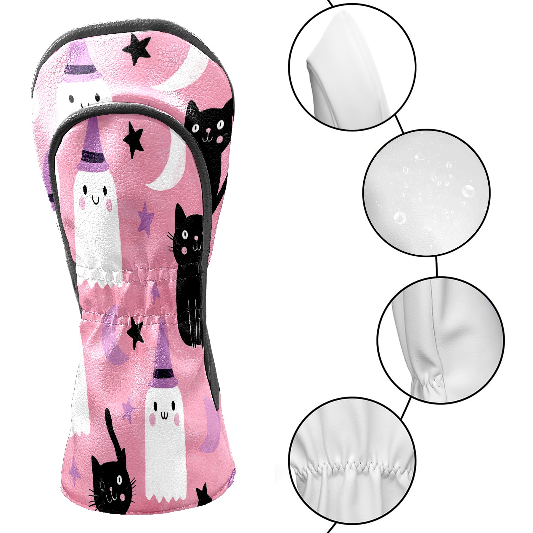 Golf Club Covers, Pink GhostCat Premium PU Leather Driver Hybrid Putter Head Covers with Velvet Lining, Waterproof Golf Gifts for Men Women