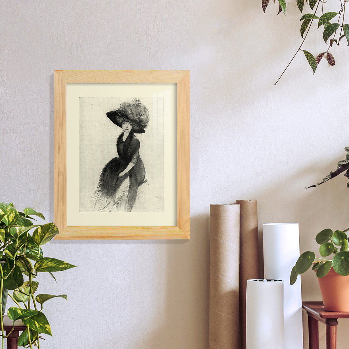 Feather Hat II -Framed Print w/glass-Natural Wood