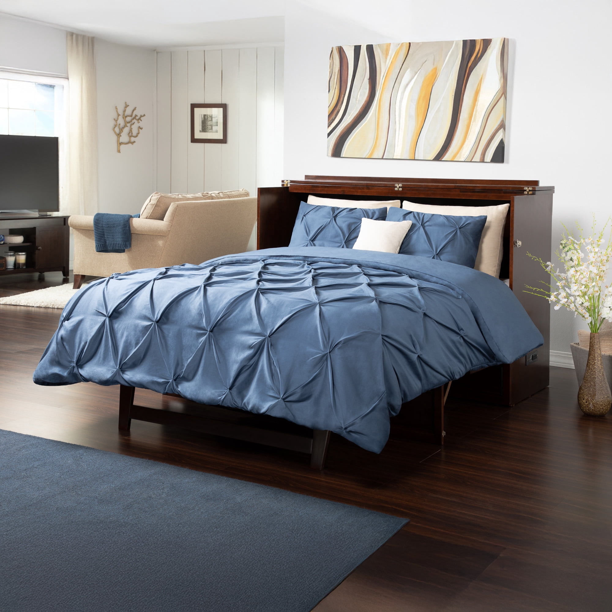 AFI Deerfield Queen Solid Wood Murphy Bed Chest with Mattress, Drawer & Charger in Walnut