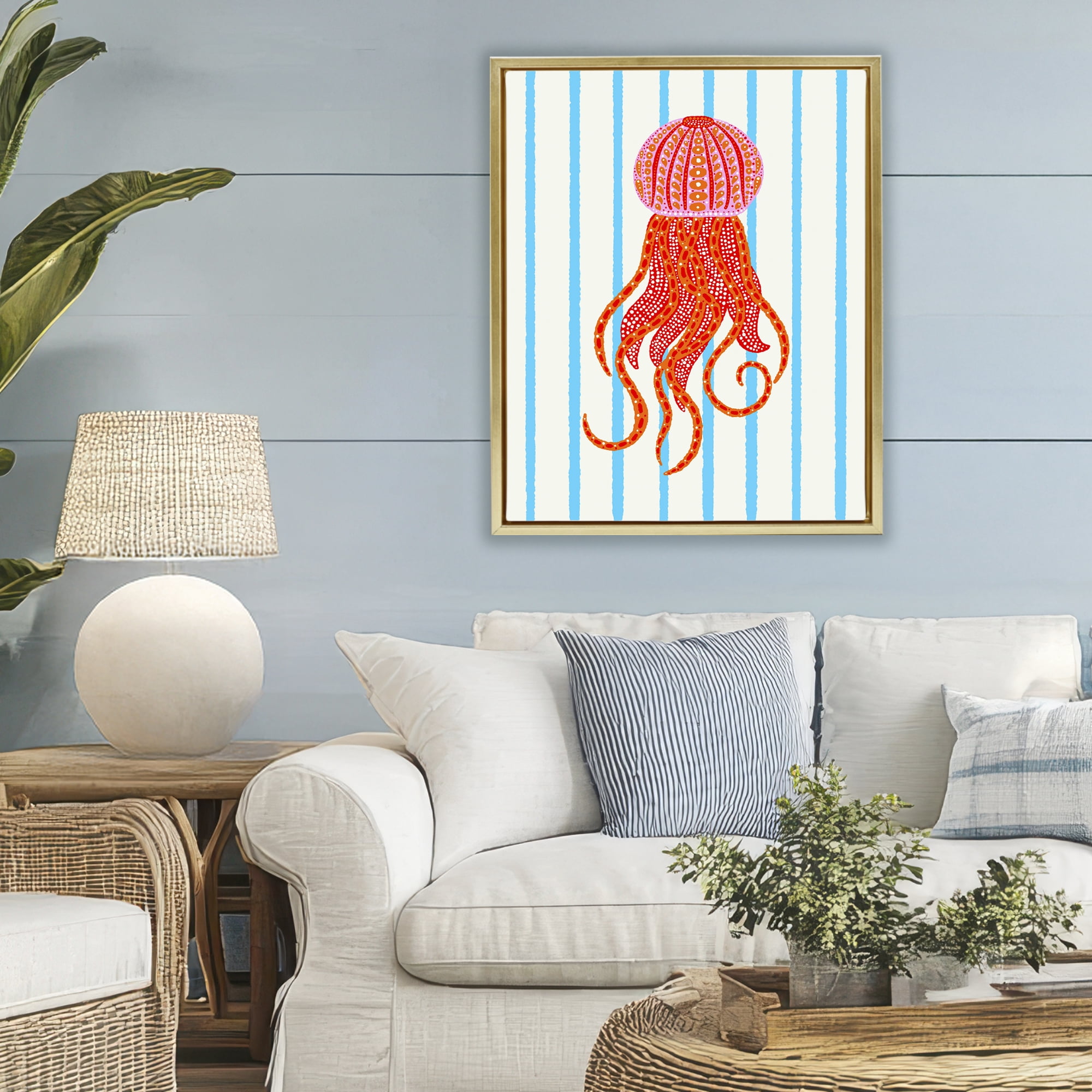 Stupell Industries Bright Aquatic Jellyfish on Stripes Gold Framed Floater Canvas Wall Art, design by Indira Prieto | IndySign