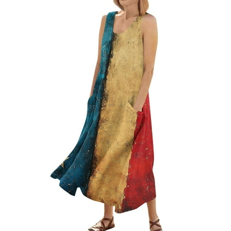 DBAIXID July 4th Womens Dress Sleeveless 1776 Patriotic Red White and Blue V-Neck Swing Maxi Dress Plus Size Proud Heritage Trendy Summer Dresses with Pockets Orange XL
