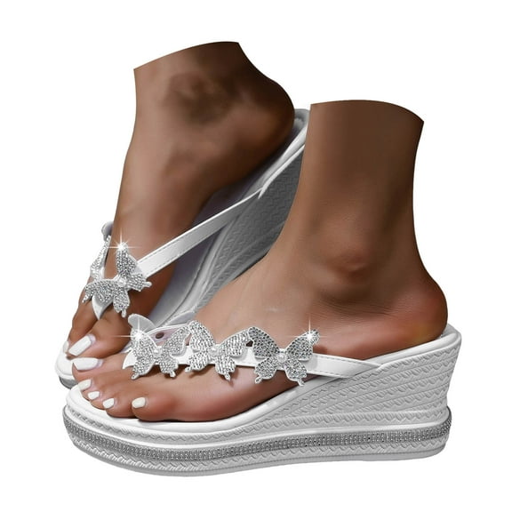 TANGQIOP Women'S Wedge Sandals Toe Strap Sandals with Rhinestone High Heels Bohemian Style Flip Flops Slip On Casual Dressy White 43