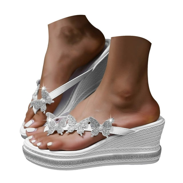 Mepaouo Flip Flops for Women Arch Support Wedge Flip Flops Butterfly Rhinestone Platform Beach Slides