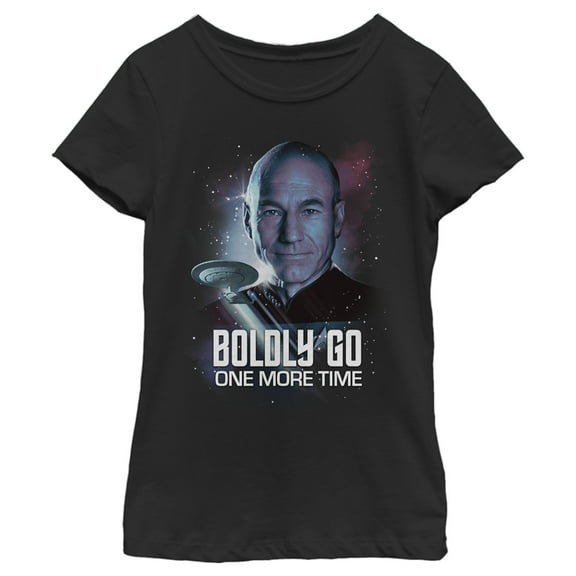 Girl's Star Trek: The Next Generation Captain Picard Boldly Go One More Time Graphic Tee Black Large