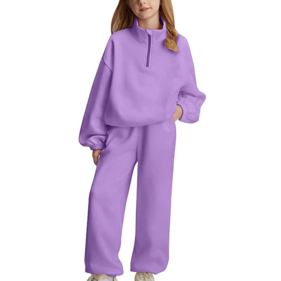 CPNG Teens Kids Girls Sweatsuit 2 Piece Set Half Zip Solid Color Sweatsuits Pullover Sweatshirts and Jogger Sweatpants Sweat Set(Purple,10-11 Years)