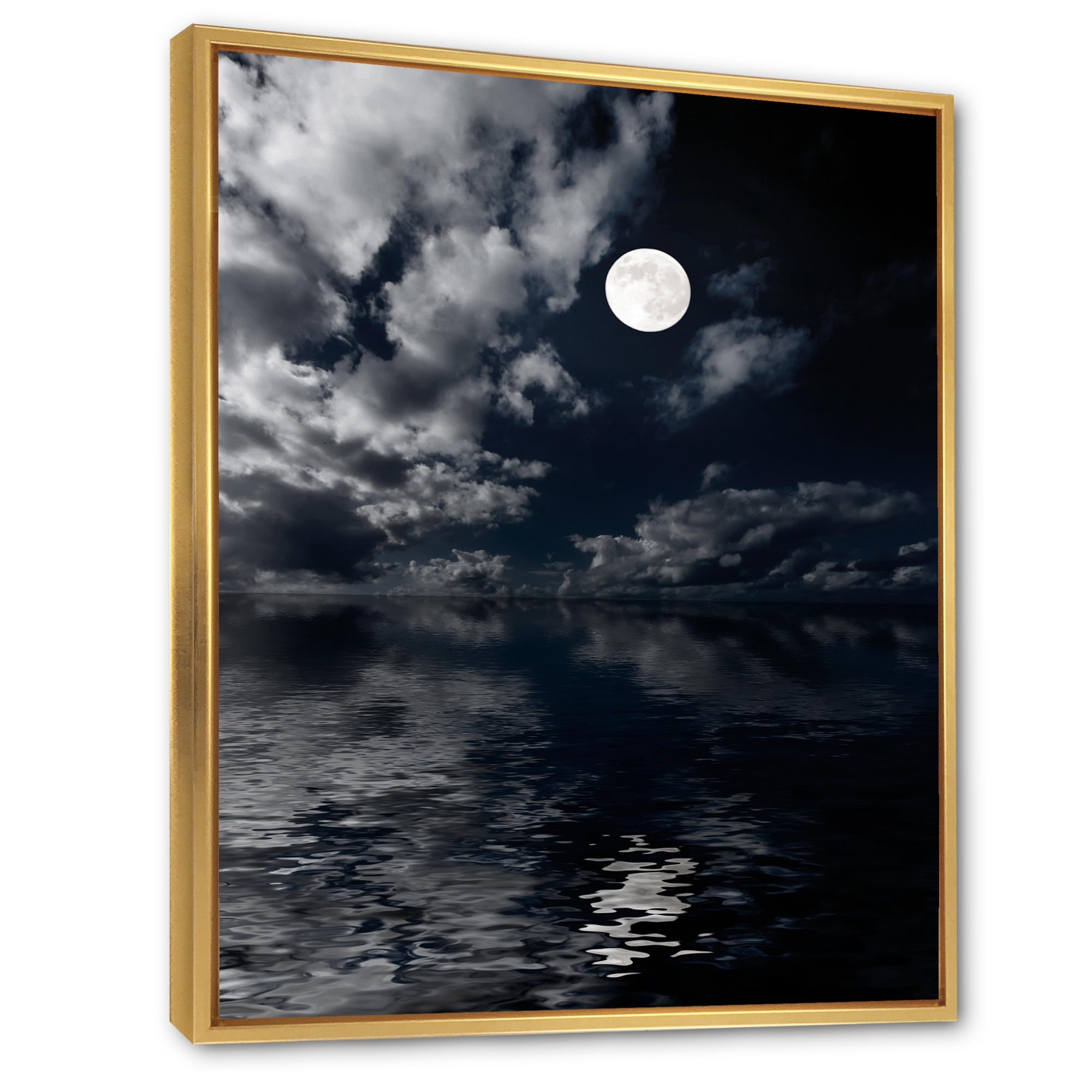 Designart 'Full Moon Night in Cloudy Sky IV' Nautical & Coastal Framed Canvas Wall Art Print