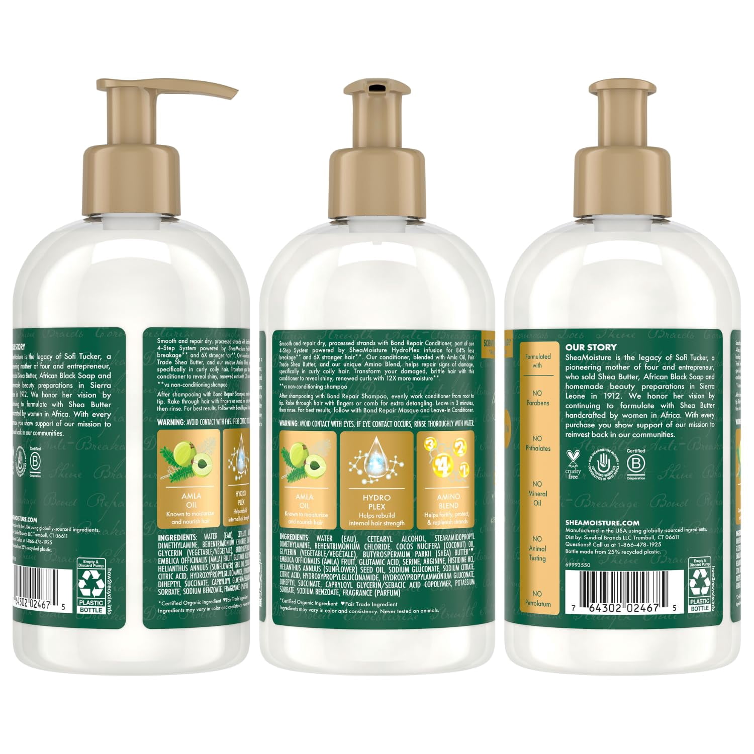 Shea Moisture Shampoo & Conditioner Set + Leave-In Conditioner – Amla Oil Bond Repair Hair Treatment for Dry, Damaged Hair, Anti-Frizz Products for Curly Hair (3 Piece Set)