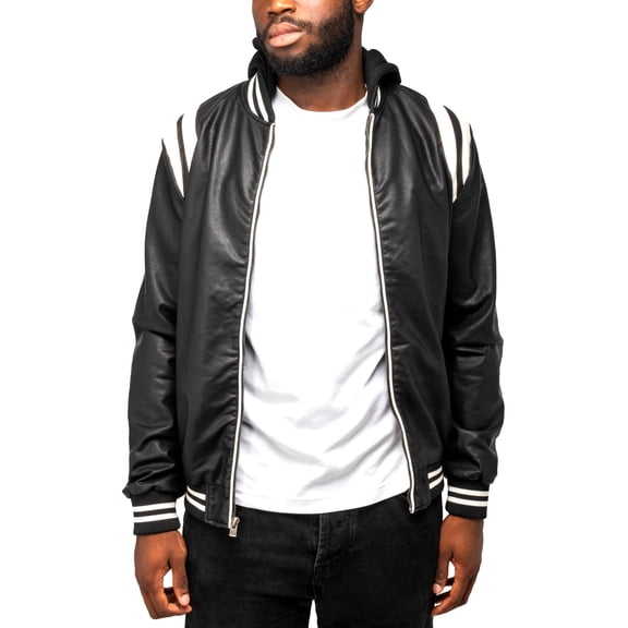 X RAY Jeans Mens Grainy PU Hooded Jacket with Faux Shearling Lining, Black/White, L