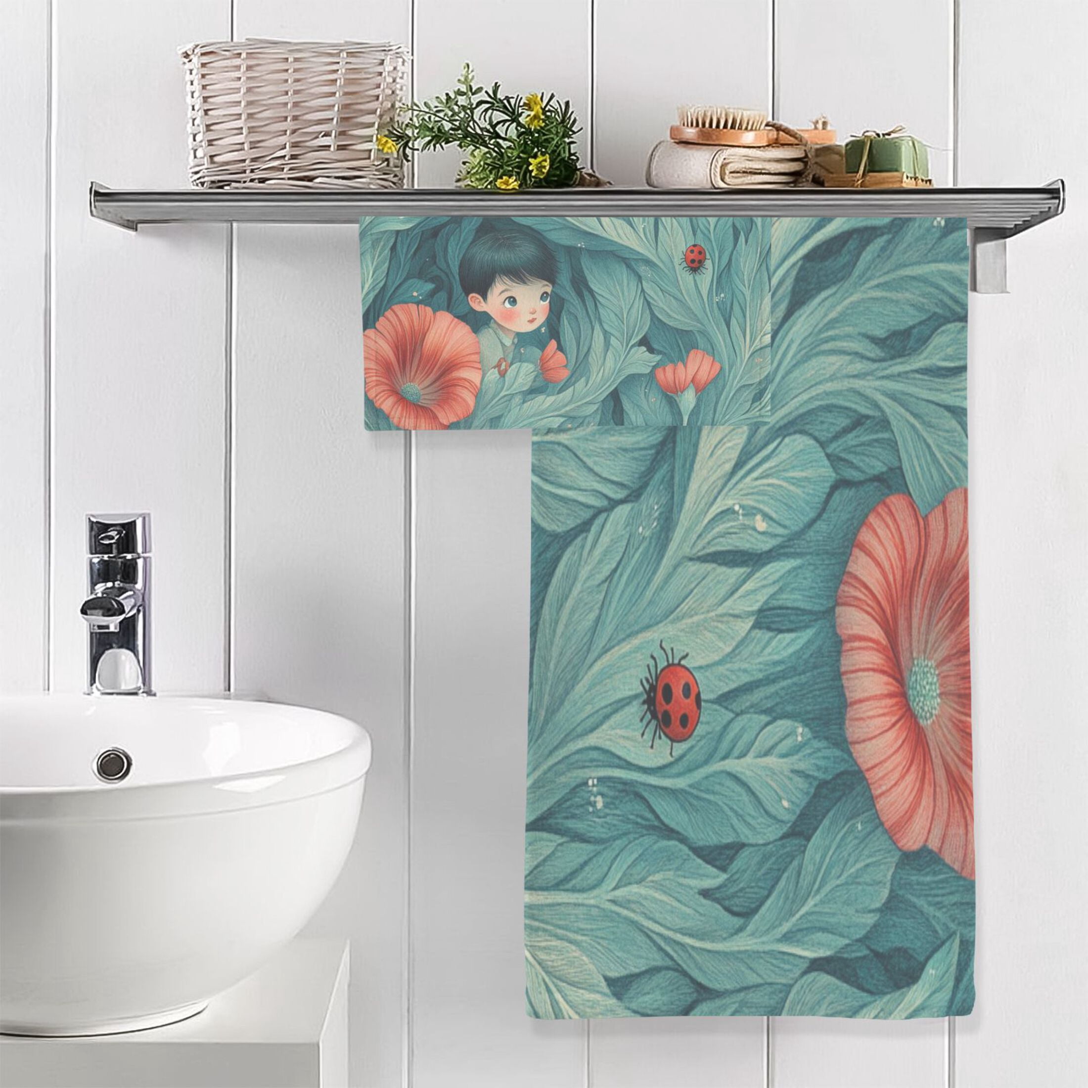 Children's Illustration 2 Piece Cotton Bath and Face Towel Set Soft and Absorbent, for Beach Pool Bathroom