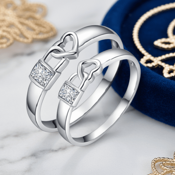 Adjustable Couple Rings Set Stainless Steel Heart Knot Open Band Rings with Princess Cut Zirconia Matching Promise Engagement Jewelry for Women and Men