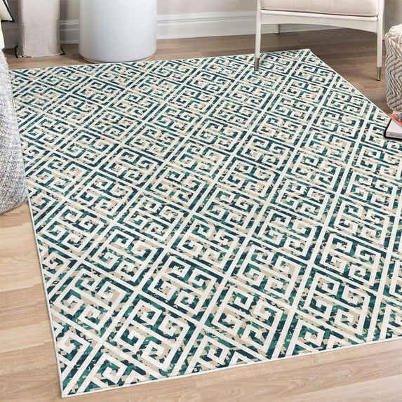 Greek Decorative Rug, Tile Mosaic Design Pattern in Antique Meander and Camo Design Effect Artwork Print, Quality Carpet for Bedroom Dorm and Living Room, 6 Sizes, Teal White, by Ambesonne