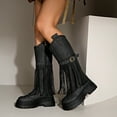 thumbnail image 3 of Winter Fall Studded Fringe Platform Wide Mid Calf Boots for Women Boho Ethnic Chunky Knee High Cowboy Cowgirl Riding Tall Boots, 3 of 7